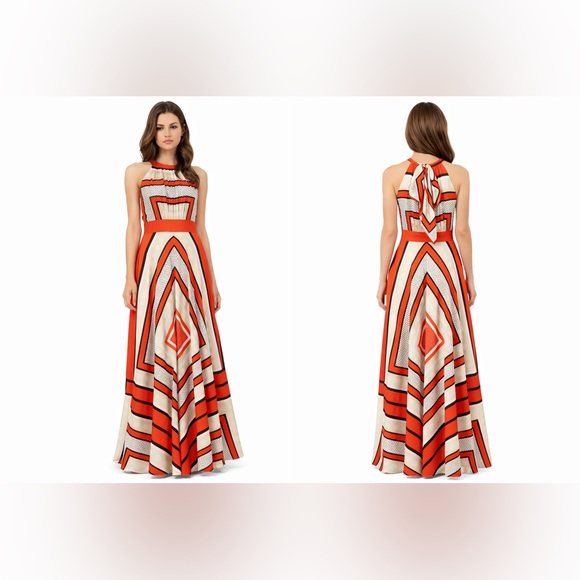 Eliza J Scarf Boho Halter Maxi Dress Red Beige Abstract Geometric Design Size 10 - Picture 3 of 17